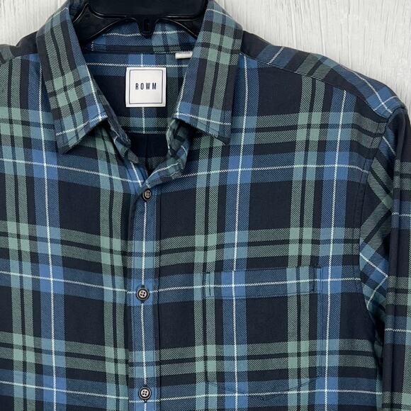 ROWM Flannel shirt men’s Large button up long sleeve blue plaid - Picture 3 of 7